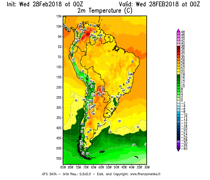 Mappa di analisi GFS - Temperatura a 2 metri dal suolo [°C] in Sud-America
							del 28/02/2018 00 <!--googleoff: index-->UTC<!--googleon: index-->
