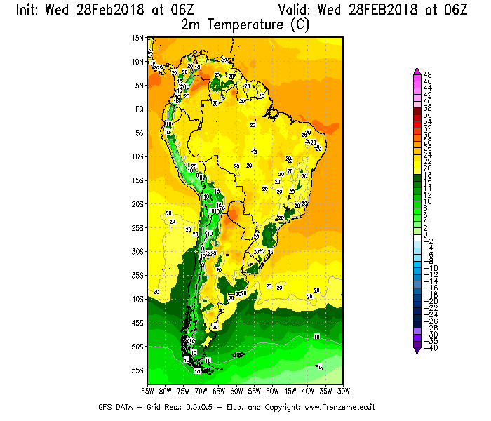 Mappa di analisi GFS - Temperatura a 2 metri dal suolo [°C] in Sud-America
							del 28/02/2018 06 <!--googleoff: index-->UTC<!--googleon: index-->