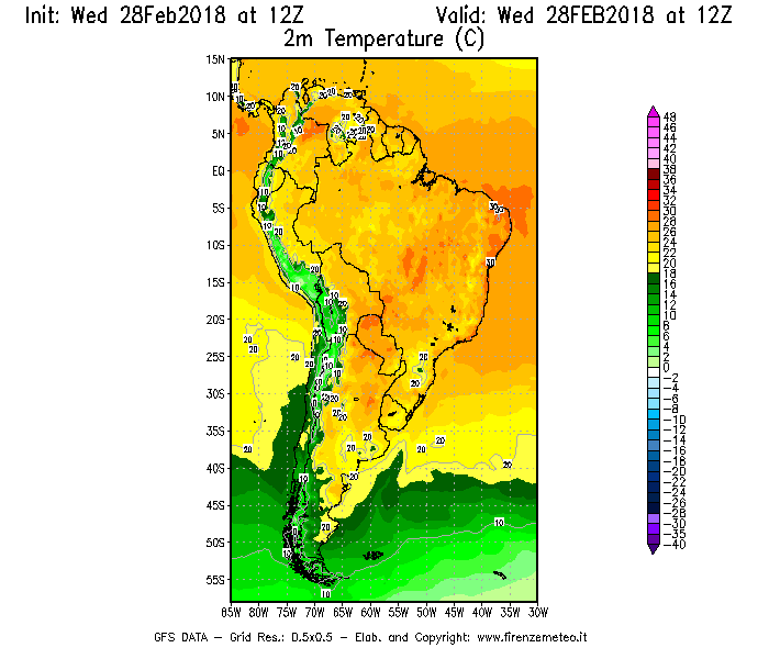 Mappa di analisi GFS - Temperatura a 2 metri dal suolo [°C] in Sud-America
							del 28/02/2018 12 <!--googleoff: index-->UTC<!--googleon: index-->