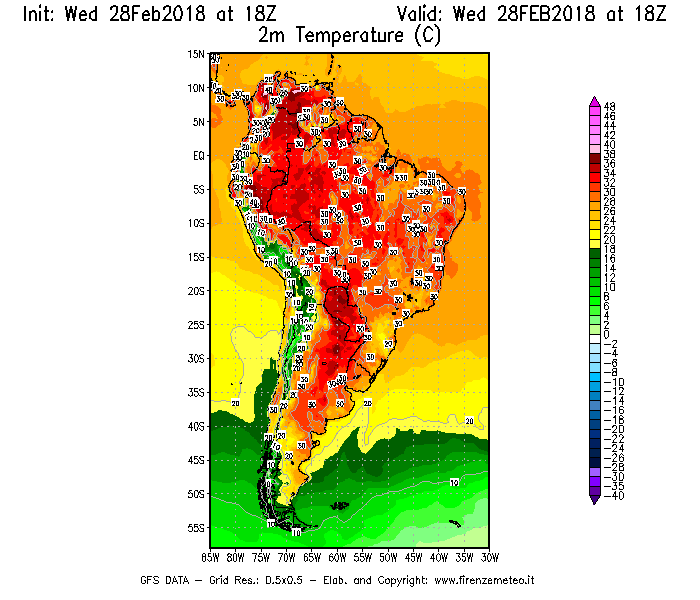 Mappa di analisi GFS - Temperatura a 2 metri dal suolo [°C] in Sud-America
							del 28/02/2018 18 <!--googleoff: index-->UTC<!--googleon: index-->