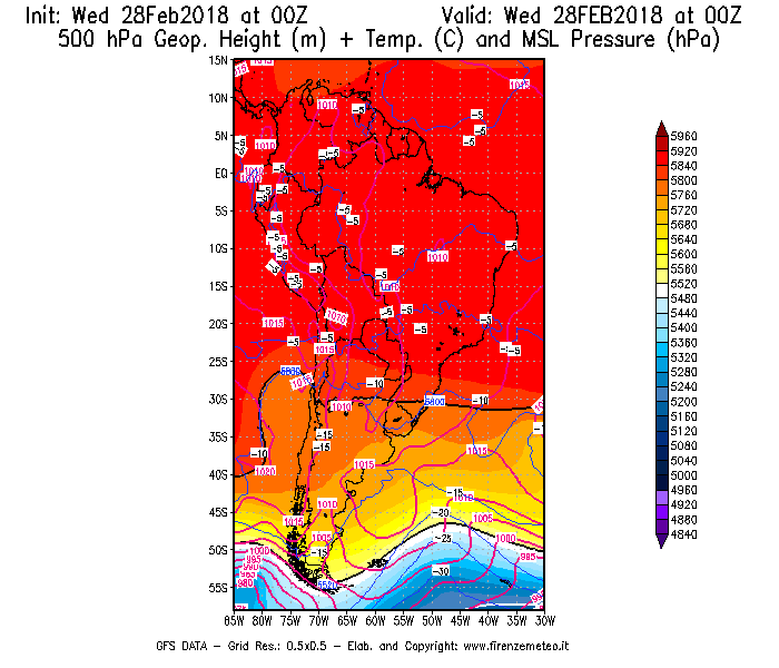Mappa di analisi GFS - Geopotenziale [m] + Temp. [°C] a 500 hPa + Press. a livello del mare [hPa] in Sud-America
							del 28/02/2018 00 <!--googleoff: index-->UTC<!--googleon: index-->