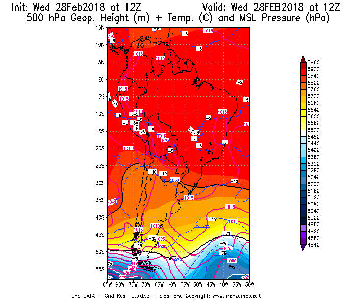 Mappa di analisi GFS - Geopotenziale [m] + Temp. [°C] a 500 hPa + Press. a livello del mare [hPa] in Sud-America
							del 28/02/2018 12 <!--googleoff: index-->UTC<!--googleon: index-->