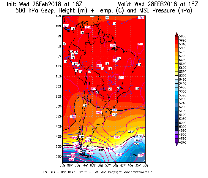 Mappa di analisi GFS - Geopotenziale [m] + Temp. [°C] a 500 hPa + Press. a livello del mare [hPa] in Sud-America
							del 28/02/2018 18 <!--googleoff: index-->UTC<!--googleon: index-->