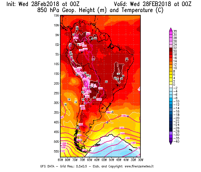 Mappa di analisi GFS - Geopotenziale [m] e Temperatura [°C] a 850 hPa in Sud-America
							del 28/02/2018 00 <!--googleoff: index-->UTC<!--googleon: index-->