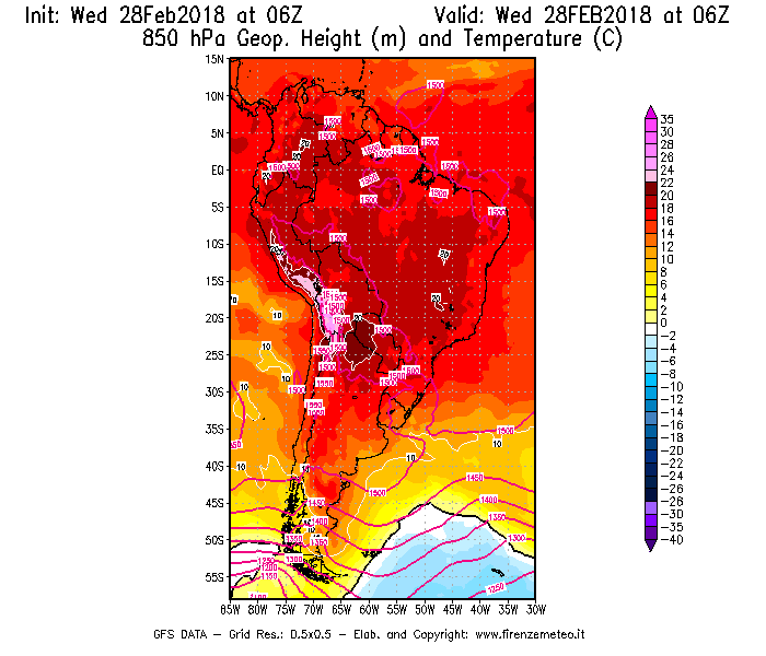 Mappa di analisi GFS - Geopotenziale [m] e Temperatura [°C] a 850 hPa in Sud-America
							del 28/02/2018 06 <!--googleoff: index-->UTC<!--googleon: index-->