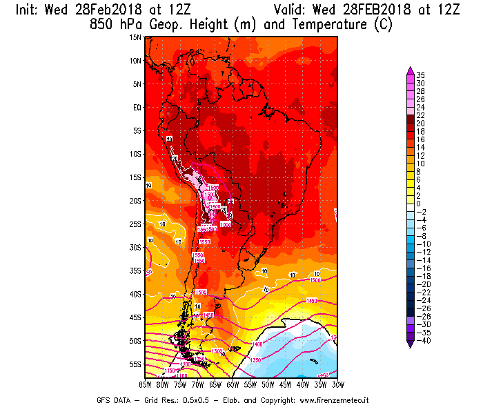 Mappa di analisi GFS - Geopotenziale [m] e Temperatura [°C] a 850 hPa in Sud-America
							del 28/02/2018 12 <!--googleoff: index-->UTC<!--googleon: index-->