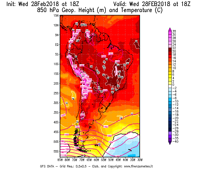 Mappa di analisi GFS - Geopotenziale [m] e Temperatura [°C] a 850 hPa in Sud-America
							del 28/02/2018 18 <!--googleoff: index-->UTC<!--googleon: index-->
