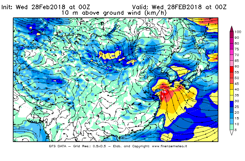 Mappa di analisi GFS - Velocità del vento a 10 metri dal suolo [km/h] in Asia Orientale
							del 28/02/2018 00 <!--googleoff: index-->UTC<!--googleon: index-->