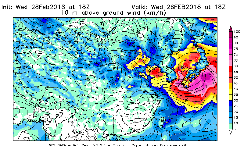 Mappa di analisi GFS - Velocità del vento a 10 metri dal suolo [km/h] in Asia Orientale
							del 28/02/2018 18 <!--googleoff: index-->UTC<!--googleon: index-->