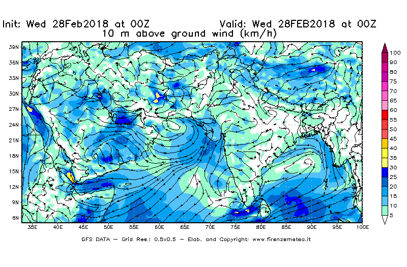 Mappa di analisi GFS - Velocità del vento a 10 metri dal suolo [km/h] in Asia Sud-Occidentale
							del 28/02/2018 00 <!--googleoff: index-->UTC<!--googleon: index-->