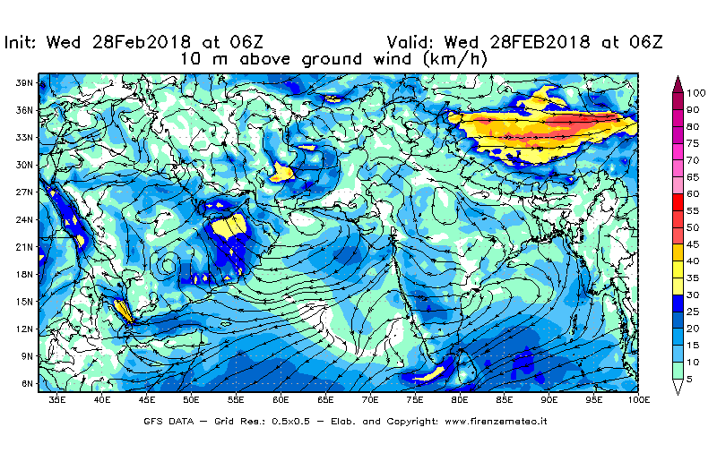 Mappa di analisi GFS - Velocità del vento a 10 metri dal suolo [km/h] in Asia Sud-Occidentale
							del 28/02/2018 06 <!--googleoff: index-->UTC<!--googleon: index-->