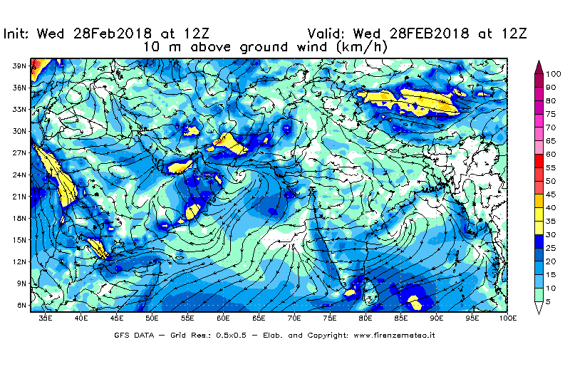 Mappa di analisi GFS - Velocità del vento a 10 metri dal suolo [km/h] in Asia Sud-Occidentale
							del 28/02/2018 12 <!--googleoff: index-->UTC<!--googleon: index-->