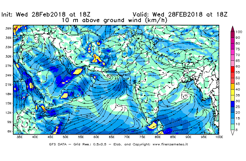 Mappa di analisi GFS - Velocità del vento a 10 metri dal suolo [km/h] in Asia Sud-Occidentale
							del 28/02/2018 18 <!--googleoff: index-->UTC<!--googleon: index-->