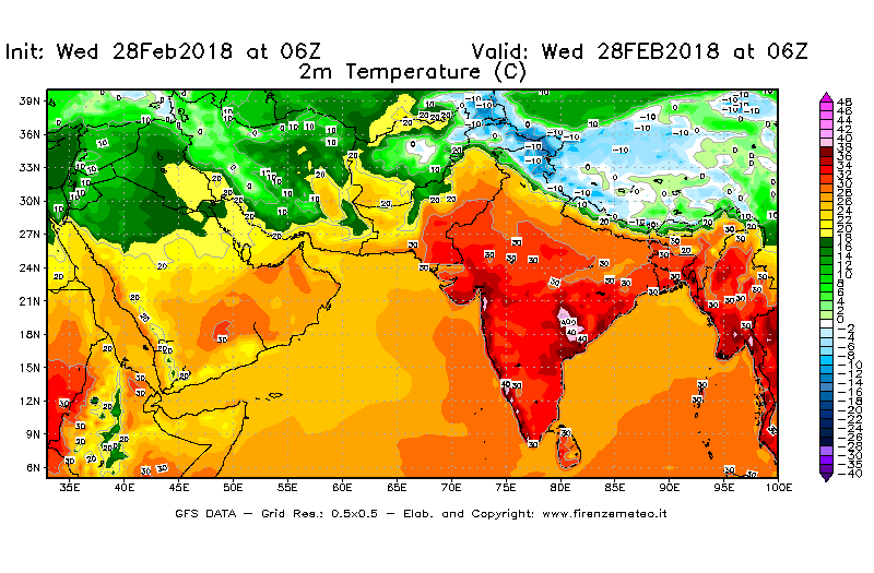Mappa di analisi GFS - Temperatura a 2 metri dal suolo [°C] in Asia Sud-Occidentale
							del 28/02/2018 06 <!--googleoff: index-->UTC<!--googleon: index-->