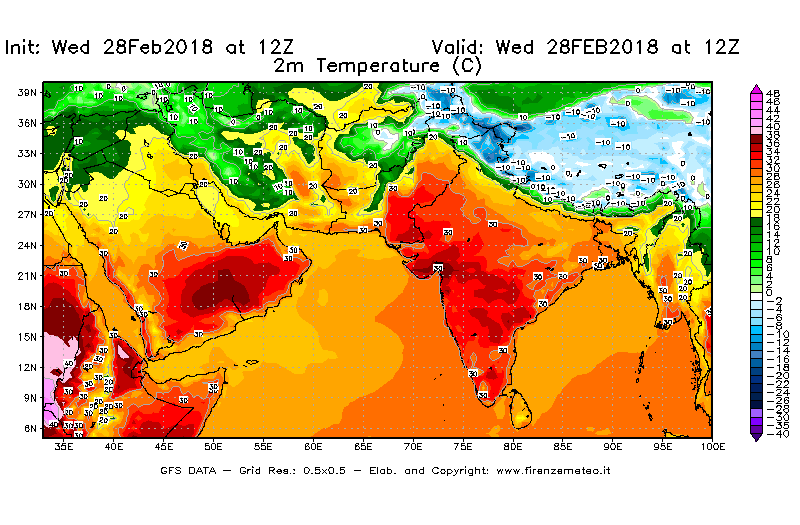 Mappa di analisi GFS - Temperatura a 2 metri dal suolo [°C] in Asia Sud-Occidentale
							del 28/02/2018 12 <!--googleoff: index-->UTC<!--googleon: index-->