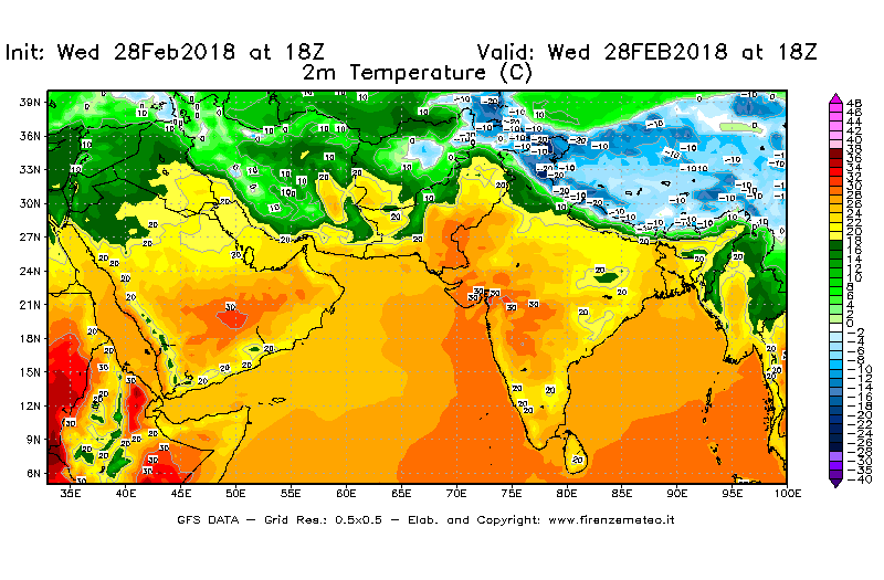 Mappa di analisi GFS - Temperatura a 2 metri dal suolo [°C] in Asia Sud-Occidentale
							del 28/02/2018 18 <!--googleoff: index-->UTC<!--googleon: index-->