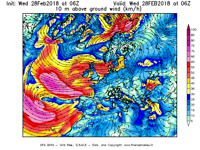 Mappa di analisi GFS - Velocità del vento a 10 metri dal suolo [km/h] in Europa
							del 28/02/2018 06 <!--googleoff: index-->UTC<!--googleon: index-->