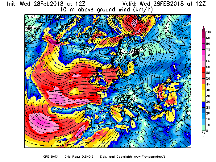 Mappa di analisi GFS - Velocità del vento a 10 metri dal suolo [km/h] in Europa
							del 28/02/2018 12 <!--googleoff: index-->UTC<!--googleon: index-->
