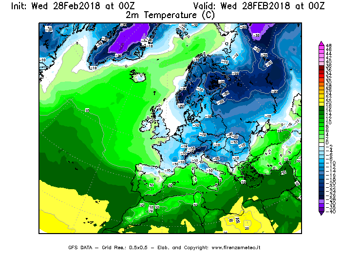 Mappa di analisi GFS - Temperatura a 2 metri dal suolo [°C] in Europa
							del 28/02/2018 00 <!--googleoff: index-->UTC<!--googleon: index-->