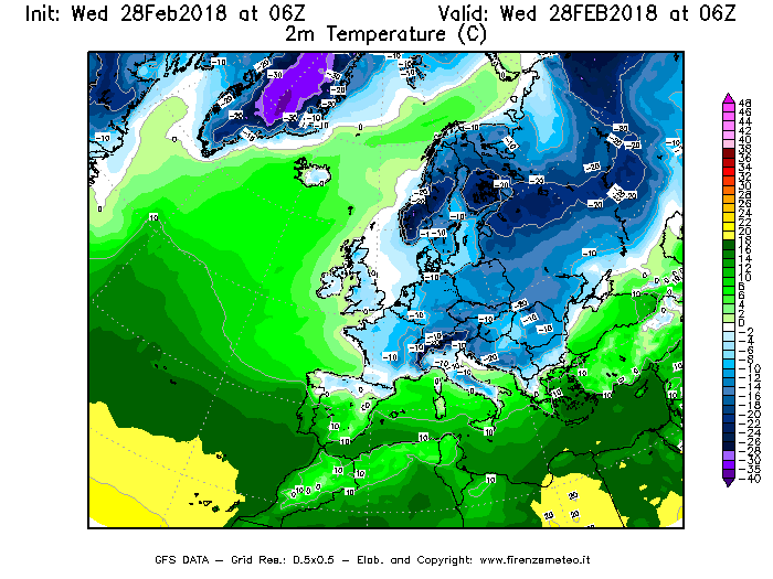 Mappa di analisi GFS - Temperatura a 2 metri dal suolo [°C] in Europa
							del 28/02/2018 06 <!--googleoff: index-->UTC<!--googleon: index-->