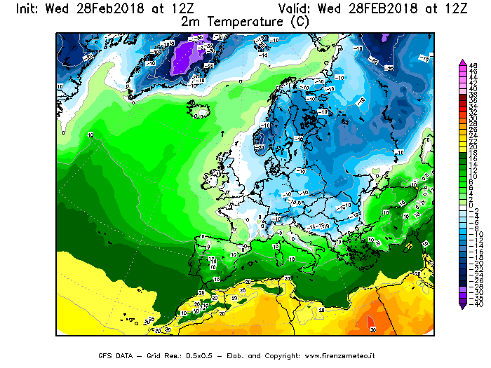 Mappa di analisi GFS - Temperatura a 2 metri dal suolo [°C] in Europa
							del 28/02/2018 12 <!--googleoff: index-->UTC<!--googleon: index-->