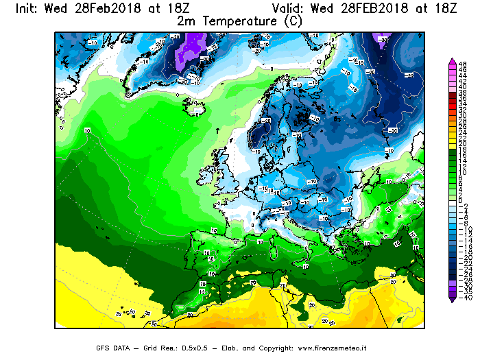 Mappa di analisi GFS - Temperatura a 2 metri dal suolo [°C] in Europa
							del 28/02/2018 18 <!--googleoff: index-->UTC<!--googleon: index-->