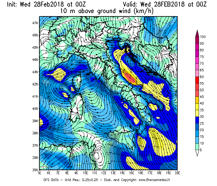 Mappa di analisi GFS - Velocità del vento a 10 metri dal suolo [km/h] in Italia
							del 28/02/2018 00 <!--googleoff: index-->UTC<!--googleon: index-->