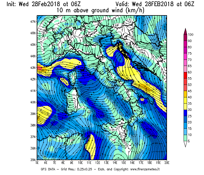 Mappa di analisi GFS - Velocità del vento a 10 metri dal suolo [km/h] in Italia
							del 28/02/2018 06 <!--googleoff: index-->UTC<!--googleon: index-->