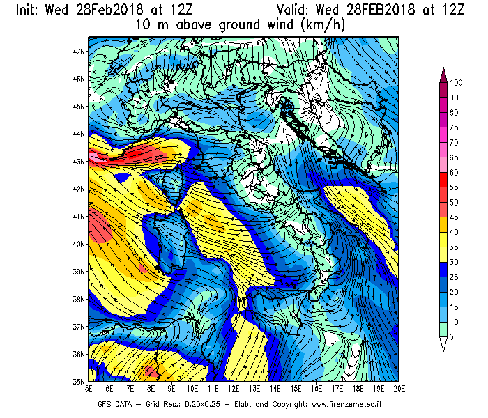 Mappa di analisi GFS - Velocità del vento a 10 metri dal suolo [km/h] in Italia
							del 28/02/2018 12 <!--googleoff: index-->UTC<!--googleon: index-->