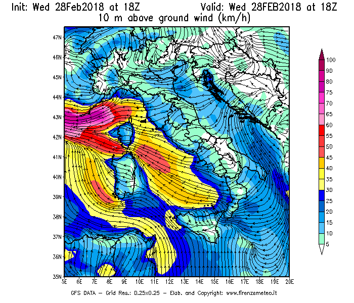 Mappa di analisi GFS - Velocità del vento a 10 metri dal suolo [km/h] in Italia
							del 28/02/2018 18 <!--googleoff: index-->UTC<!--googleon: index-->