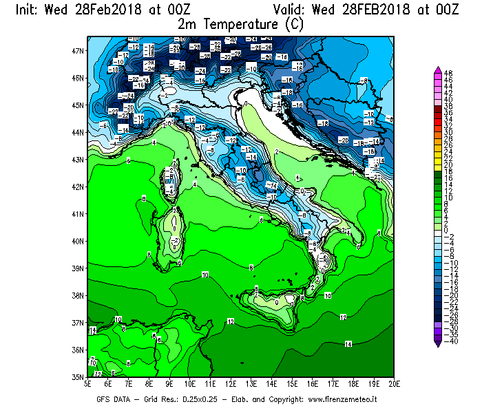 Mappa di analisi GFS - Temperatura a 2 metri dal suolo [°C] in Italia
							del 28/02/2018 00 <!--googleoff: index-->UTC<!--googleon: index-->