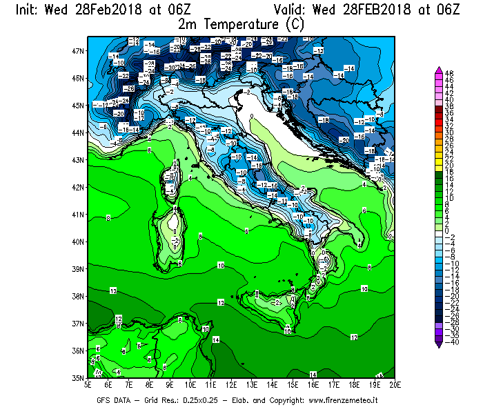 Mappa di analisi GFS - Temperatura a 2 metri dal suolo [°C] in Italia
							del 28/02/2018 06 <!--googleoff: index-->UTC<!--googleon: index-->