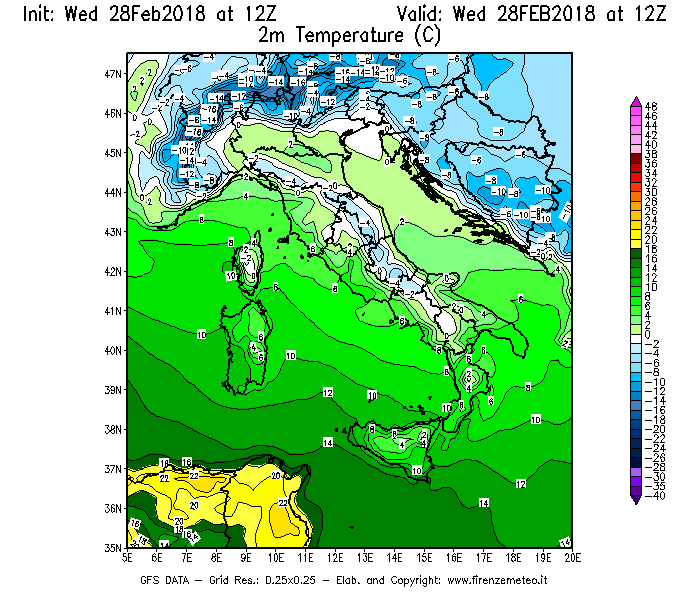 Mappa di analisi GFS - Temperatura a 2 metri dal suolo [°C] in Italia
							del 28/02/2018 12 <!--googleoff: index-->UTC<!--googleon: index-->