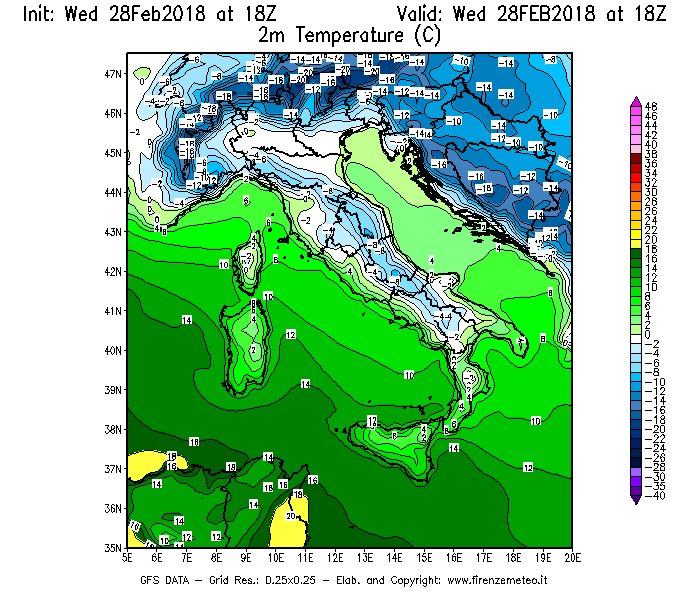 Mappa di analisi GFS - Temperatura a 2 metri dal suolo [°C] in Italia
							del 28/02/2018 18 <!--googleoff: index-->UTC<!--googleon: index-->