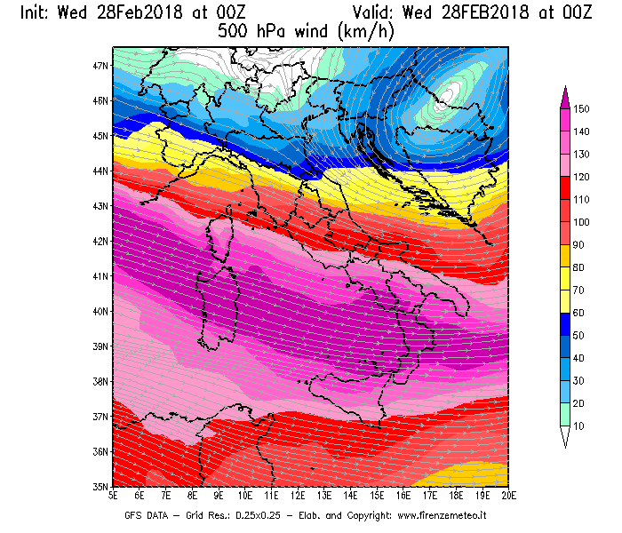 Mappa di analisi GFS - Velocità del vento a 500 hPa [km/h] in Italia
							del 28/02/2018 00 <!--googleoff: index-->UTC<!--googleon: index-->