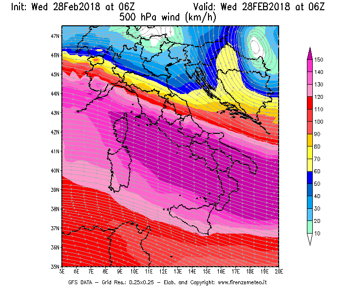 Mappa di analisi GFS - Velocità del vento a 500 hPa [km/h] in Italia
							del 28/02/2018 06 <!--googleoff: index-->UTC<!--googleon: index-->