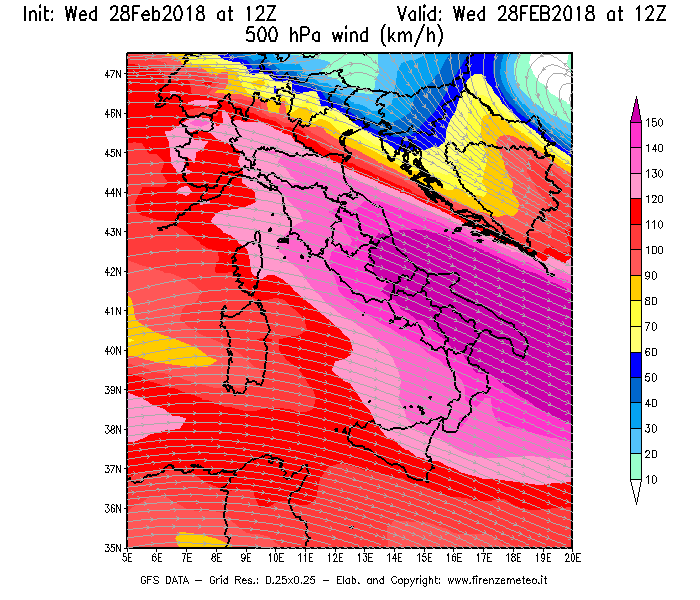 Mappa di analisi GFS - Velocità del vento a 500 hPa [km/h] in Italia
							del 28/02/2018 12 <!--googleoff: index-->UTC<!--googleon: index-->