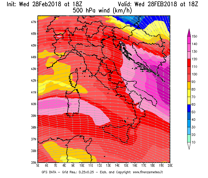 Mappa di analisi GFS - Velocità del vento a 500 hPa [km/h] in Italia
							del 28/02/2018 18 <!--googleoff: index-->UTC<!--googleon: index-->