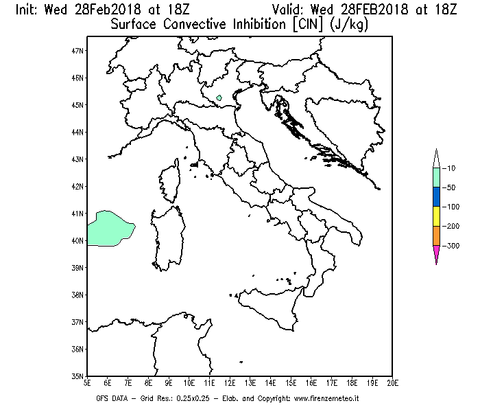 Mappa di analisi GFS - CIN [J/kg] in Italia
							del 28/02/2018 18 <!--googleoff: index-->UTC<!--googleon: index-->