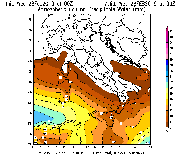 Mappa di analisi GFS - Precipitable Water [mm] in Italia
							del 28/02/2018 00 <!--googleoff: index-->UTC<!--googleon: index-->