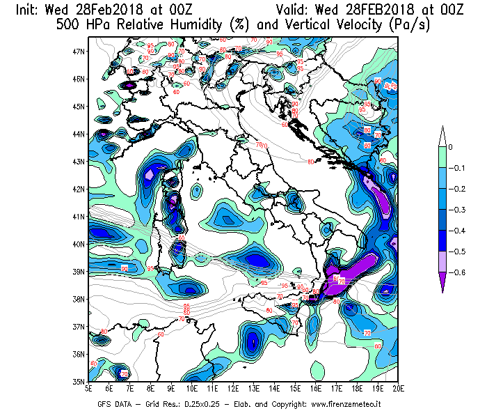 Mappa di analisi GFS - Umidità relativa [%] e Omega [Pa/s] a 500 hPa in Italia
							del 28/02/2018 00 <!--googleoff: index-->UTC<!--googleon: index-->