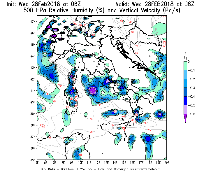 Mappa di analisi GFS - Umidità relativa [%] e Omega [Pa/s] a 500 hPa in Italia
							del 28/02/2018 06 <!--googleoff: index-->UTC<!--googleon: index-->