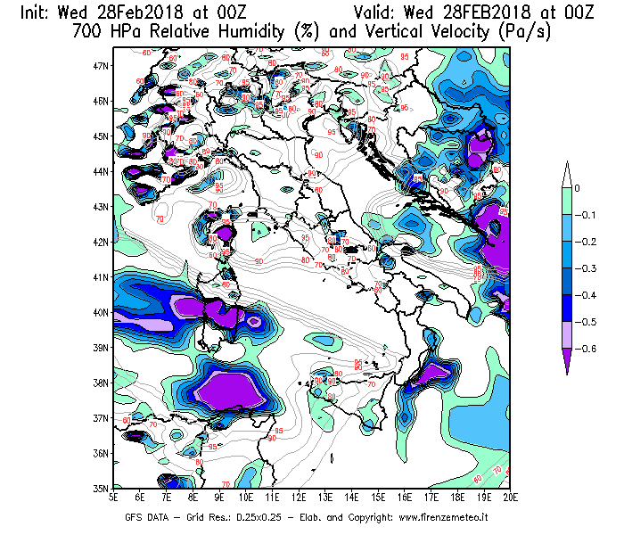 Mappa di analisi GFS - Umidità relativa [%] e Omega [Pa/s] a 700 hPa in Italia
							del 28/02/2018 00 <!--googleoff: index-->UTC<!--googleon: index-->