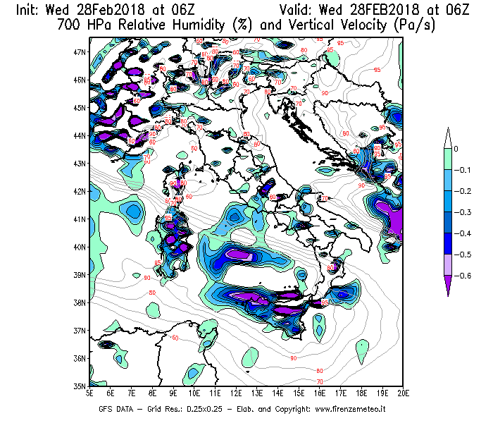 Mappa di analisi GFS - Umidità relativa [%] e Omega [Pa/s] a 700 hPa in Italia
							del 28/02/2018 06 <!--googleoff: index-->UTC<!--googleon: index-->