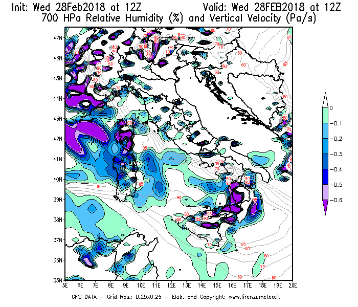 Mappa di analisi GFS - Umidità relativa [%] e Omega [Pa/s] a 700 hPa in Italia
							del 28/02/2018 12 <!--googleoff: index-->UTC<!--googleon: index-->