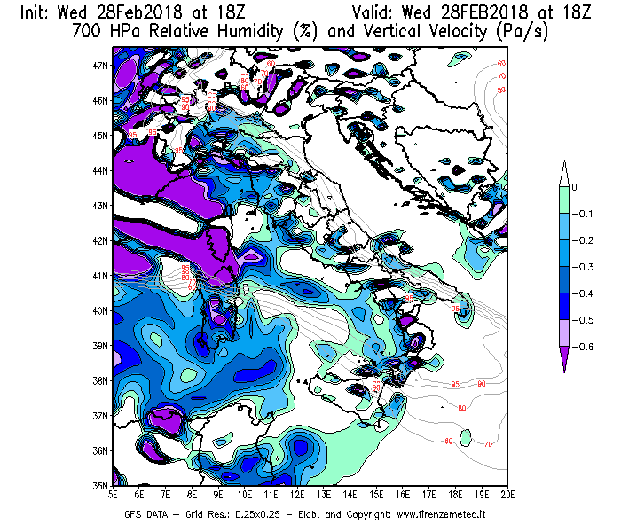 Mappa di analisi GFS - Umidità relativa [%] e Omega [Pa/s] a 700 hPa in Italia
							del 28/02/2018 18 <!--googleoff: index-->UTC<!--googleon: index-->