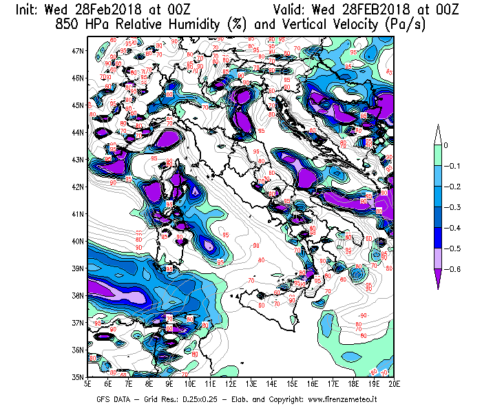 Mappa di analisi GFS - Umidità relativa [%] e Omega [Pa/s] a 850 hPa in Italia
							del 28/02/2018 00 <!--googleoff: index-->UTC<!--googleon: index-->
