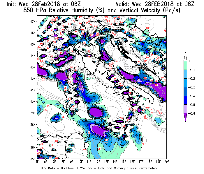 Mappa di analisi GFS - Umidità relativa [%] e Omega [Pa/s] a 850 hPa in Italia
							del 28/02/2018 06 <!--googleoff: index-->UTC<!--googleon: index-->