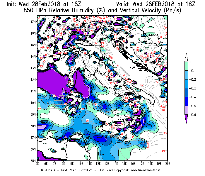 Mappa di analisi GFS - Umidità relativa [%] e Omega [Pa/s] a 850 hPa in Italia
							del 28/02/2018 18 <!--googleoff: index-->UTC<!--googleon: index-->