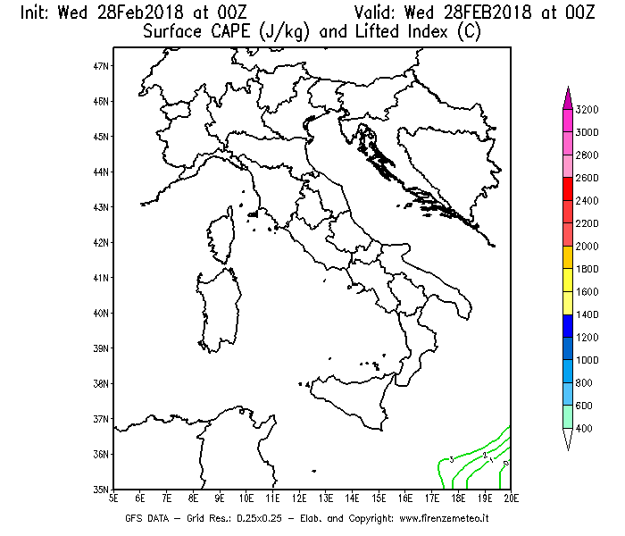 Mappa di analisi GFS - CAPE [J/kg] e Lifted Index [°C] in Italia
							del 28/02/2018 00 <!--googleoff: index-->UTC<!--googleon: index-->